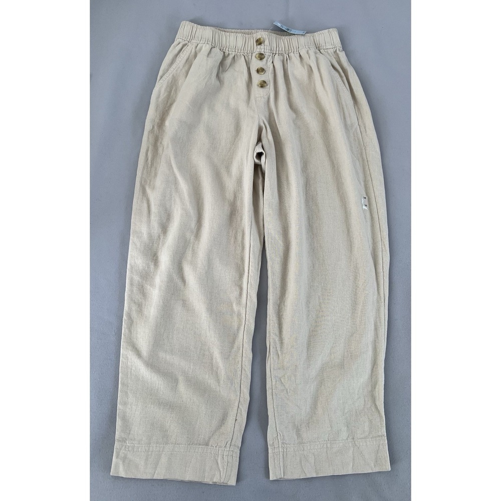 Loft Women's High Rise Straight Petite Crop Pants Pull On Linen Sz MP Sand New
